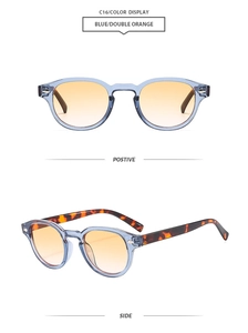 Detail view of oval sunglasses with light blue frames and orange gradient lenses