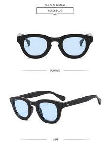Retro oval sunglasses with black frame and blue lenses featuring silver metal accents