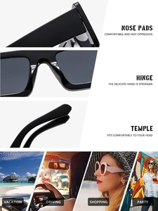 Detail view of durable hinges and comfortable nose pads on black square sunglasses