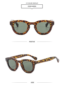 Detailed views of tortoise shell oval sunglasses with green lenses and thick frame