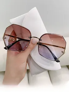 Detail of rimless geometric sunglasses with gradient lenses and gold metal temples