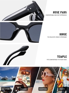 Detail view of stylish polygon sunglasses with integrated nose pads and metal hinges