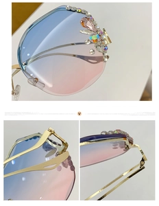 Detailed close-up of blue-pink gradient lenses with crystals and hollow gold metal temples
