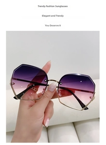 Detailed macro of oversized polygon sunglasses with gradient purple lenses and gold frame