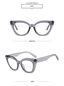 Dettaglio occhiali cat-eye grigio trasparente con rivetti argento e vista laterale