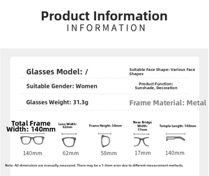 Detailed size chart for rhinestone sunglasses with frame dimensions and product specifications