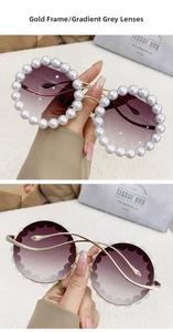 Detail of luxury round sunglasses with pearl trim and gradient grey lenses on metal frames