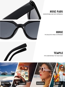 Dettagli dei naselli ergonomici e cerniere metalliche su occhiali da sole cat eye alla moda