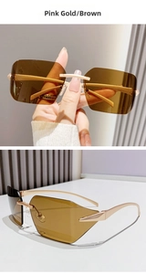 Détails des lunettes de soleil carrées sans monture or rose avec verres dégradés bruns