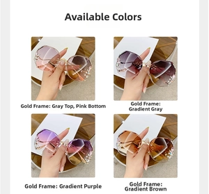 Detailed grid view of luxury metal half-frame sunglasses with gradient rhinestone lenses