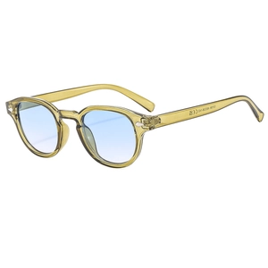 Retro oval olive green acetate sunglasses with blue lenses and high-quality vintage finish