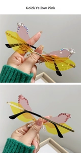 Detailed view of dragonfly wing sunglasses with yellow pink gradient lenses and rhinestones
