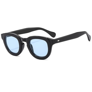 Retro Boston style sunglasses with thick black frames and light blue transparent lenses