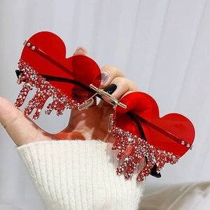 Heart Shaped Sunglasses Rimless Metal Frame Rhinestone Dripping Tear Fringe Trendy Fashionable UV400 Eyewear For Women