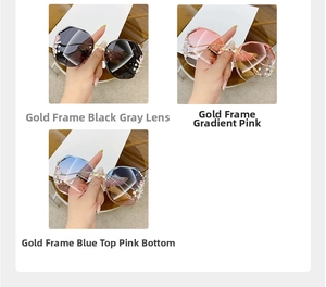 Detail of luxury rhinestone rimless sunglasses with floral accents and gold metal temples