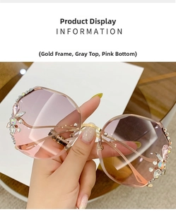Detail of oversized gold-framed octagonal sunglasses with gradient pink lenses and rhinestones