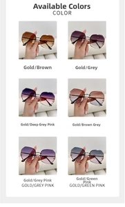 Detail view showing various gradient lens colors and thin metal frames of oversized sunglasses