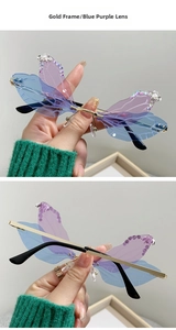 Detail of dragonfly wing sunglasses with blue purple gradient lenses and colorful rhinestones