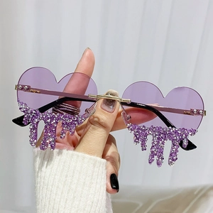Fashion heart shaped rimless sunglasses with purple rhinestones and golden metal bridge