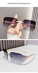 Détail des lunettes de soleil carrées sans monture avec branches en métal or rose et verres