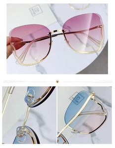 Detail view of rimless gradient sunglasses featuring gold temples and soft silicone nose pads