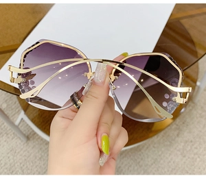Detail of luxury polygon sunglasses with purple gradient lenses and sparkling sequins