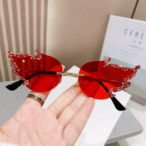 Flame Shape Rimless Sunglasses Rhinestone Fashion Y2K Style Women Party Festival Eyewear With Metal Bridge