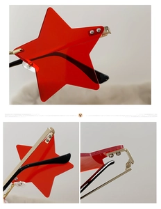 Detail of red star-shaped rimless sunglasses with gold hinges and silicone nose pads