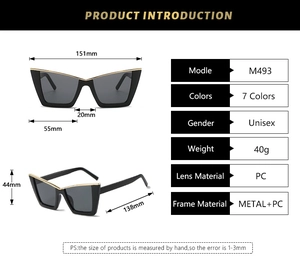 Detailed dimension guide for black cat eye sunglasses with golden accents and PC frames