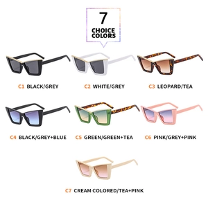 Detail view of seven color options for cat-eye sunglasses with geometric frames