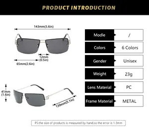 Size chart for rimless oval sunglasses detailing frame width and lens measurements