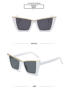 Detailed multi-angle view of white cat-eye sunglasses with gold metal top trim