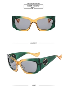 Détails de lunettes de soleil dégradées vert et jaune avec anneau en métal sur les branches