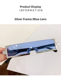 Détail des lunettes de soleil cyberpunk avec monture en argent et verres bleus