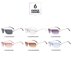 Detailed view of six color options for rimless oval sunglasses with metallic temples