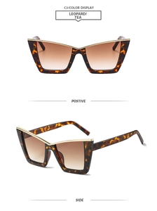 Detailed C3 color display of leopard print cat eye sunglasses with gold trim and tea lenses