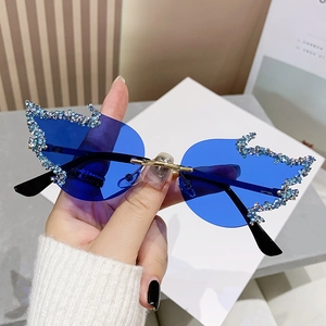 Fashion flame rimless sunglasses with blue rhinestones and gradient lenses for party