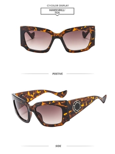 Détail de lunettes de soleil écaillées avec verres thé dégradé et anneau argenté sur branche