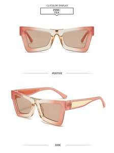 Detailed front and side views of oversized pink gradient sunglasses with gold temple accents