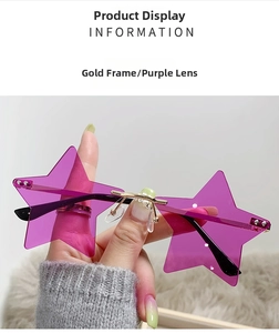 Detail of star-shaped rimless sunglasses with gold frame and translucent purple lenses