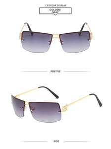 Rimless oval sunglasses with gold geometric temples and gray gradient lenses