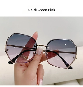 Macro detail of gold metal frame sunglasses with gradient blue and pink polygon lenses