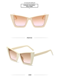 Dual view of cream cat eye sunglasses with tea-pink gradient lenses on white background