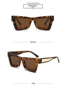 Detailed front and side views of tortoiseshell square sunglasses with gold metal accents
