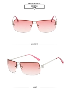 Detail view of rimless oval sunglasses with silver metal temples and pink gradient lenses