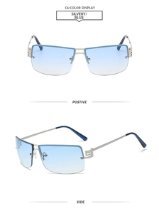 Detail view of rimless silver metal sunglasses with blue gradient lenses and hollow hinge