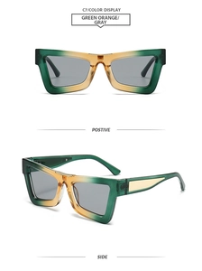 Detailed front and side views of green orange gradient square sunglasses with grey lenses