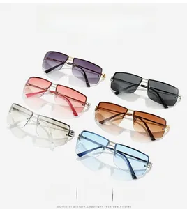 Flat lay of rimless oval sunglasses in six gradient colors with metal frames