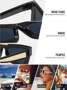Detail view of cat eye sunglasses showing integrated nose pads and gold temple accents