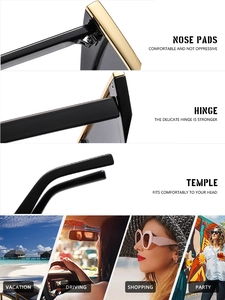 Detailed views of comfort nose pads, reinforced hinges and stylish cat-eye frames